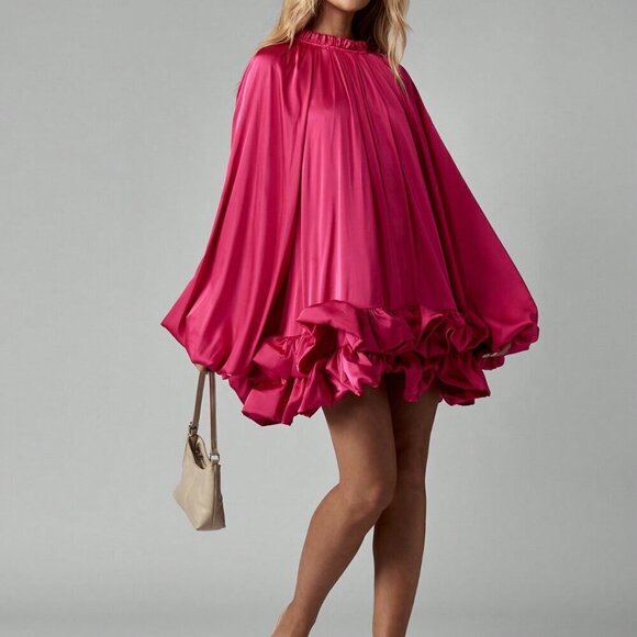 Hot Pink Party Women's Ruffle Hem High Neck Satin Elegant Mini Dress - Picture 5 of 8